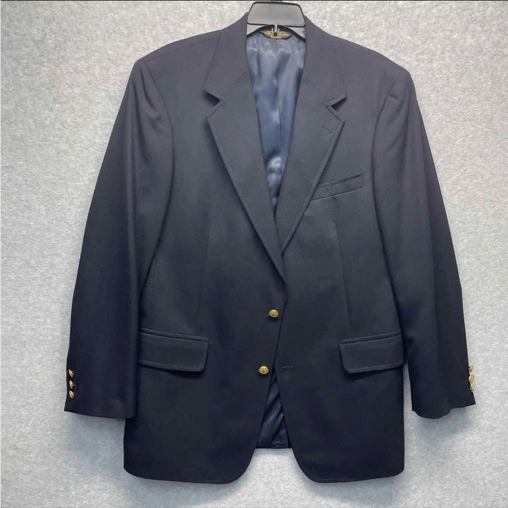 Brooks Brothers Brooksease Blazer 42L 100% Wool Navy Gold Button Sport Coat